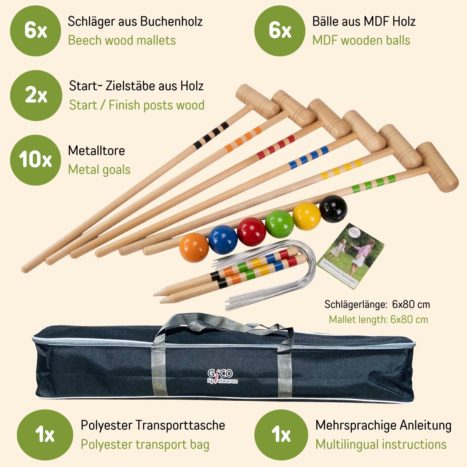 GICO Krocket Set 6 Spieler (80 cm) -spiel gut (Auszeichnung) in Transporttasche 3226