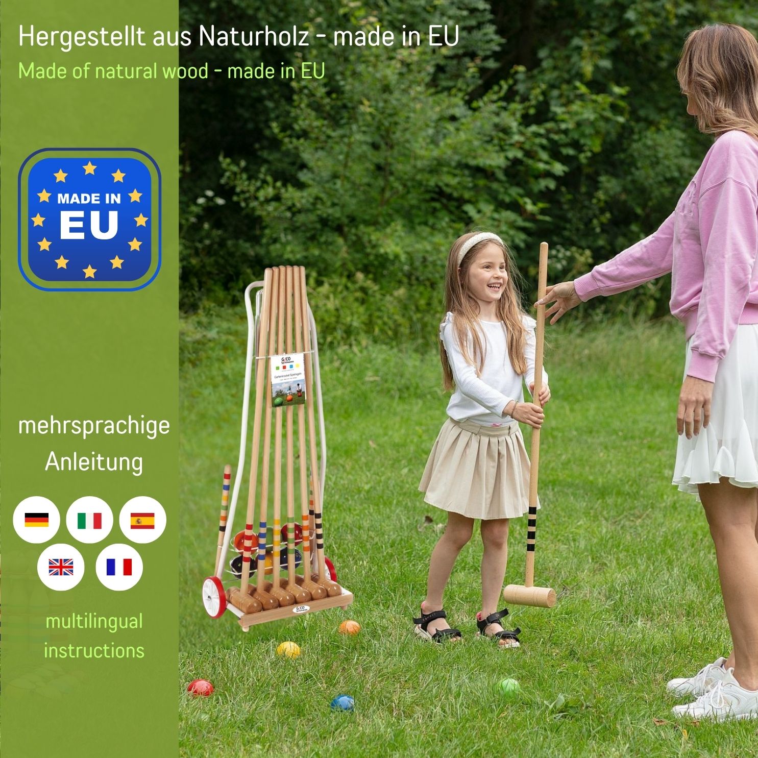 GICO Krocket Set Adult 6 Spieler Transportwagen (Erwachsene Länge 100cm) - Qualitätsware made in EU 3126