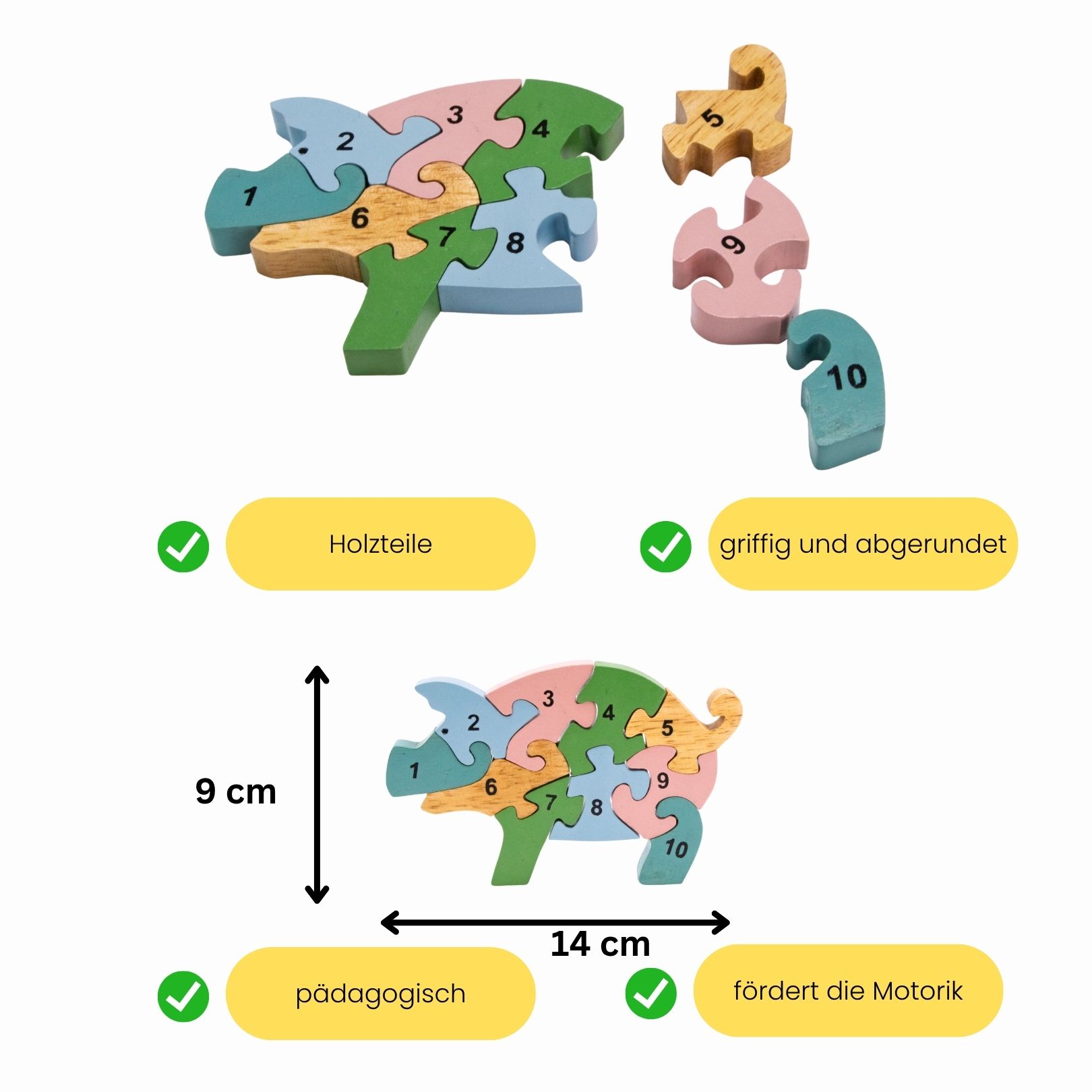 Holzpuzzle Schwein pastellfaben mit Zahlen von 1 bis 10- 3924