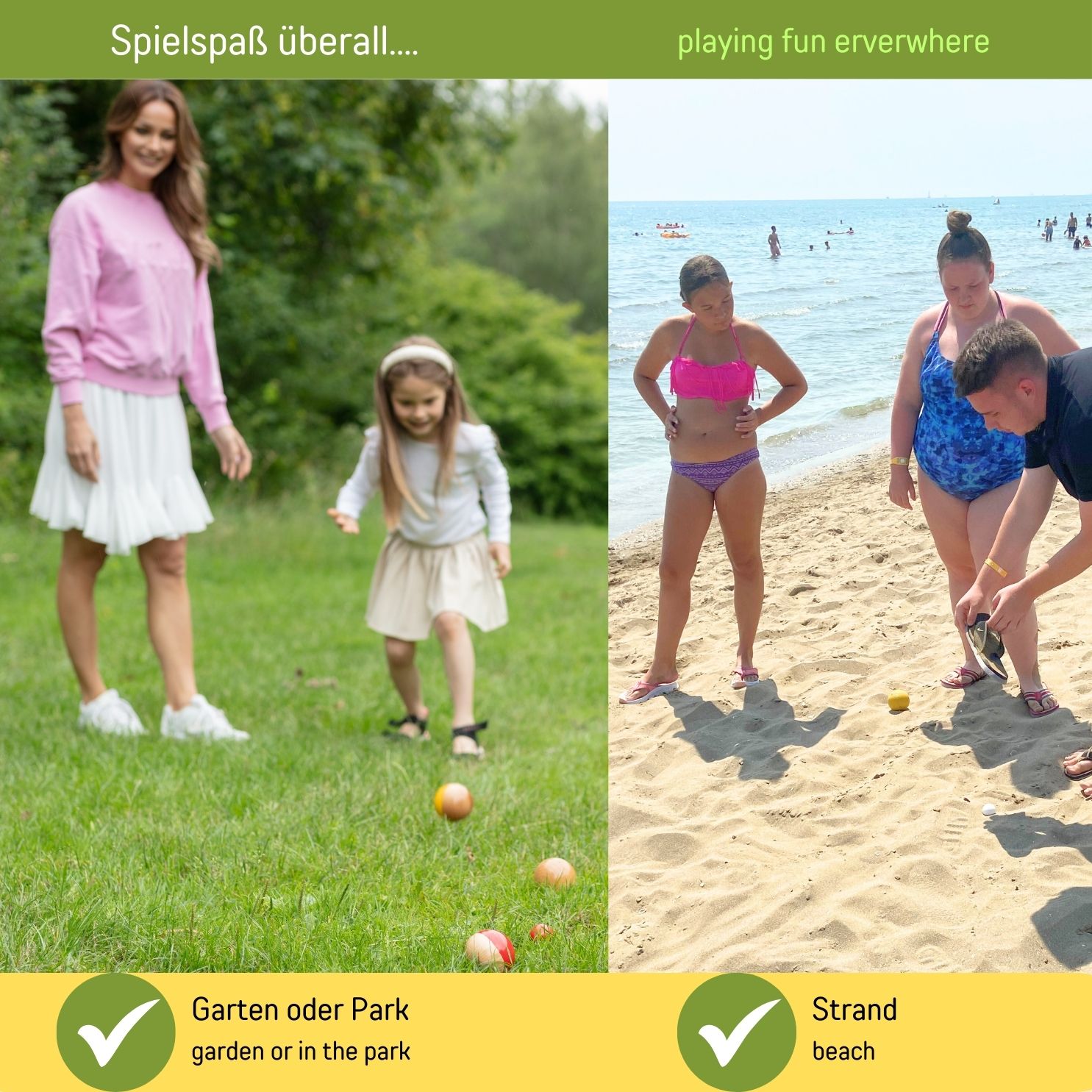 Boccia Spiel aus Massivholz, gestreift mit 8 Kugeln, Durchmesser 7 cm. Made in EU - 3015