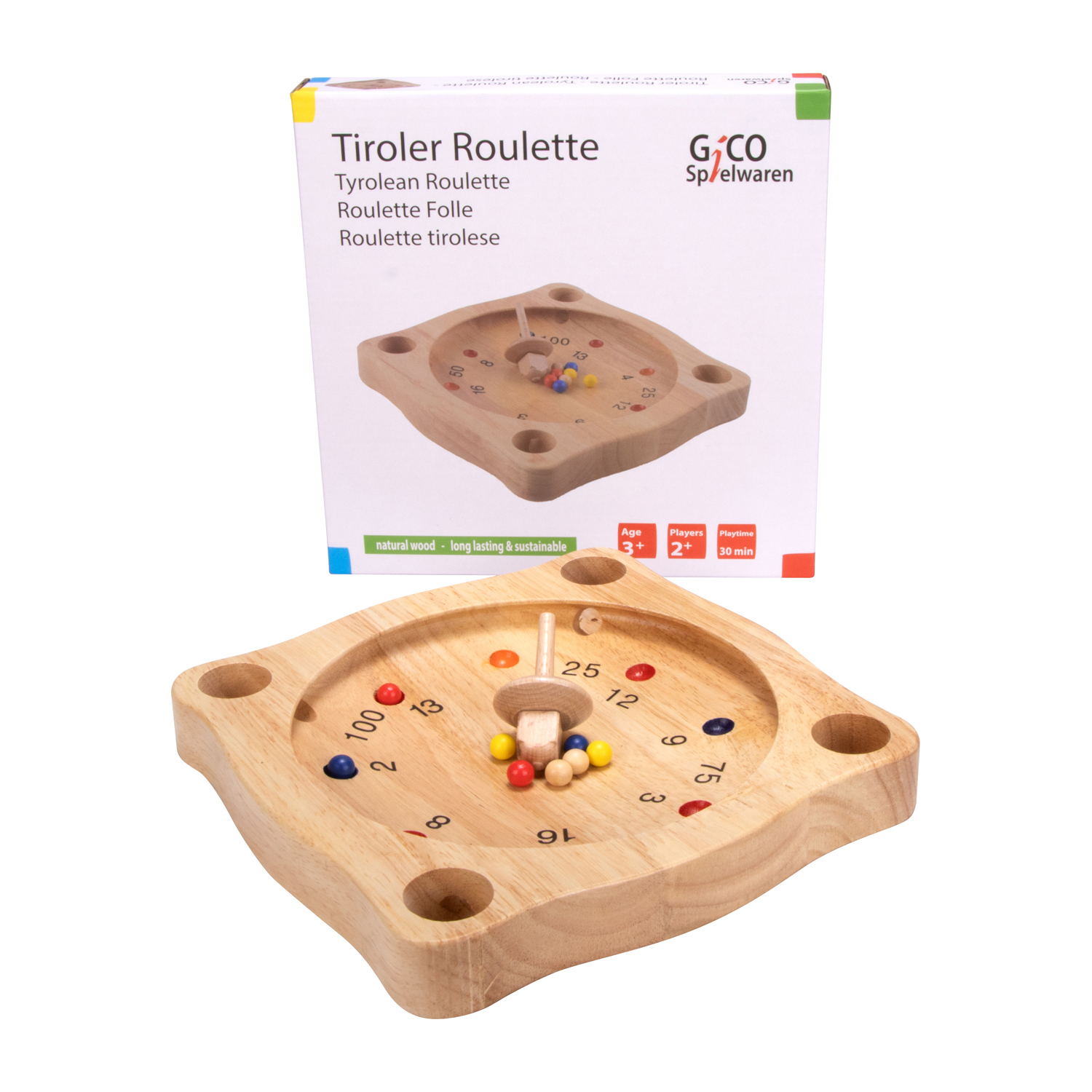 Tiroler Roulette aus Holz mit Kreisel und Holzkugeln, Bauernroulette 22 x 22 cm - 7958