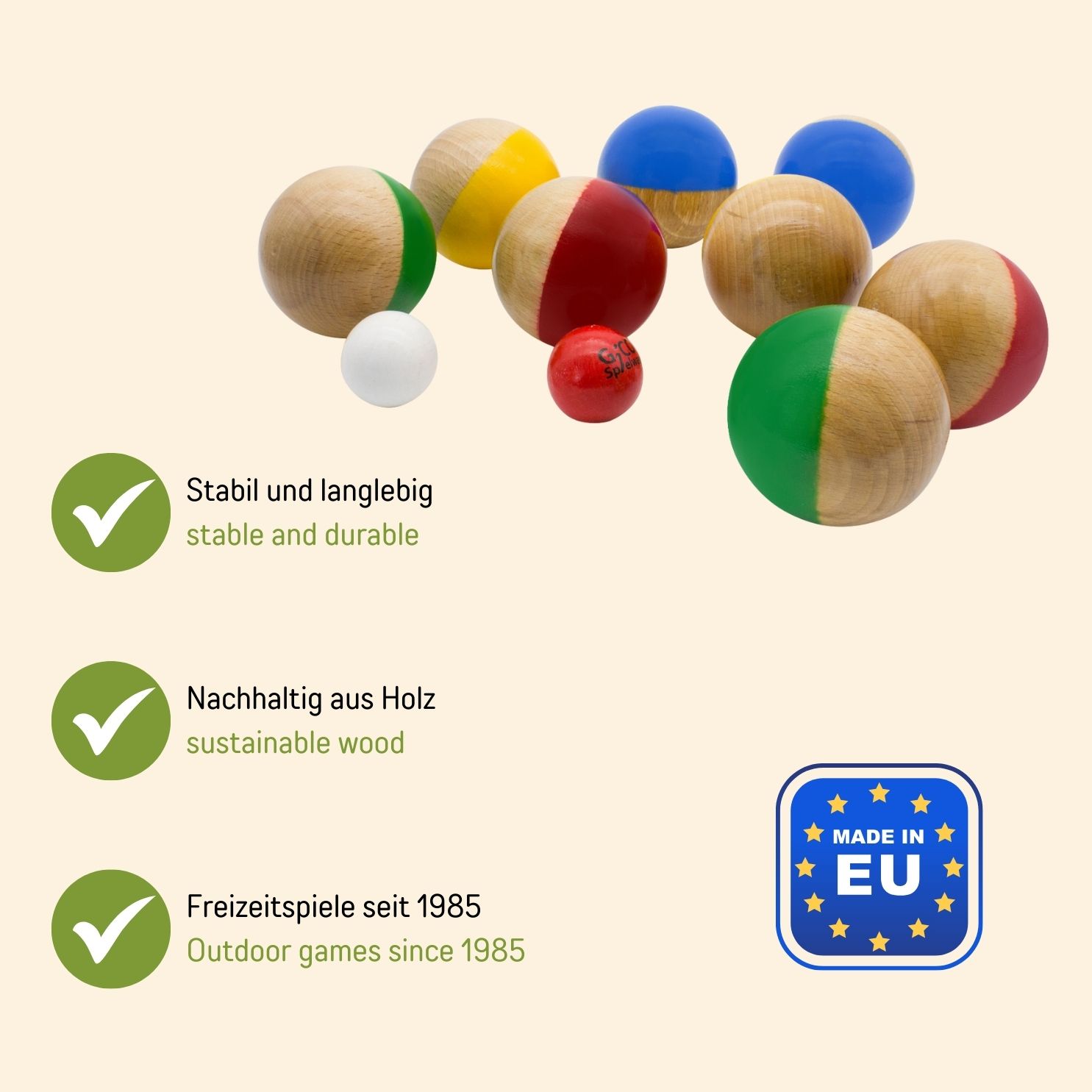 GICO Boccia Spiel 8er aus Massivholz, Durchmesser 7 cm Made in EU 3011