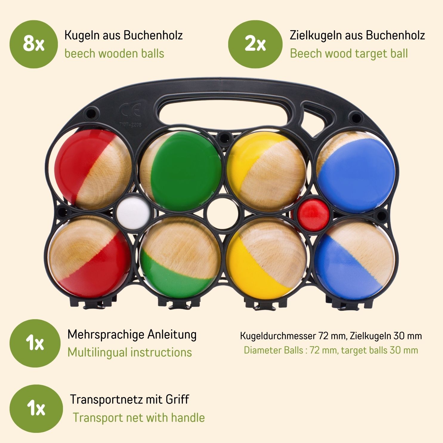 GICO Boccia Spiel 8er aus Massivholz, Durchmesser 7 cm Made in EU 3011