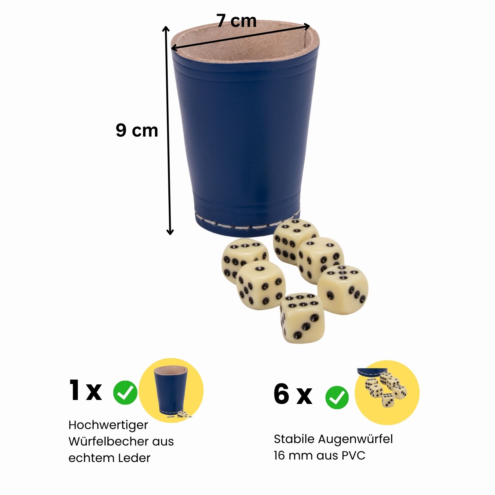 Würfelbecher blau (echt Leder) Standard (9 cm) mit 6 Würfeln 5904