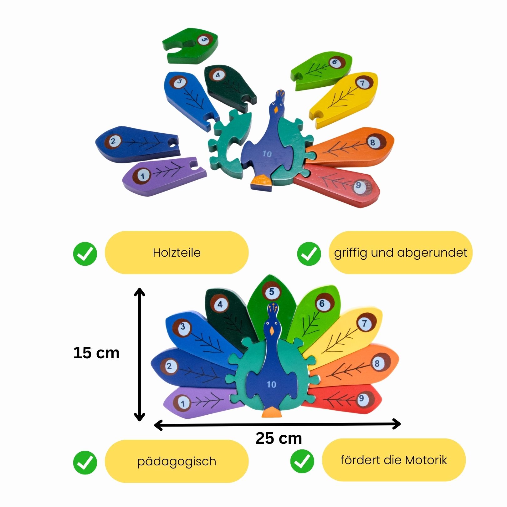 Holzpuzzle Pfau mit Zahlen von 1 bis 10- 3927