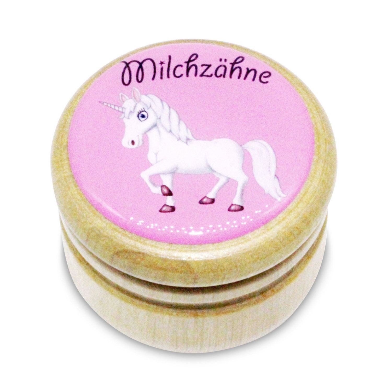 Milchzahndose Einhorn Zahndose Milchzähne Bilderdose aus Holz mit Drehverschluss 44 mm ( Einhorn ) - 7011
