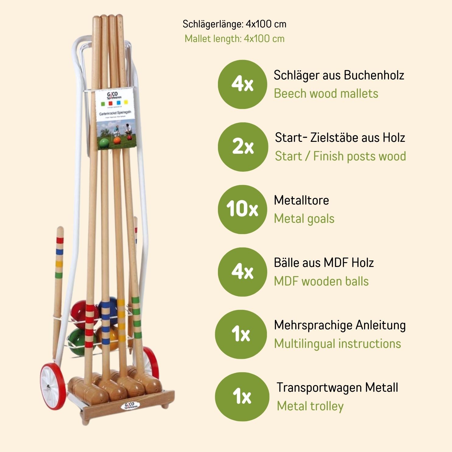 GICO Krocket Set Adult 4 Spieler Transportwagen (Erwachsenenlänge 100cm) - Qualitätsware made in EU 3124