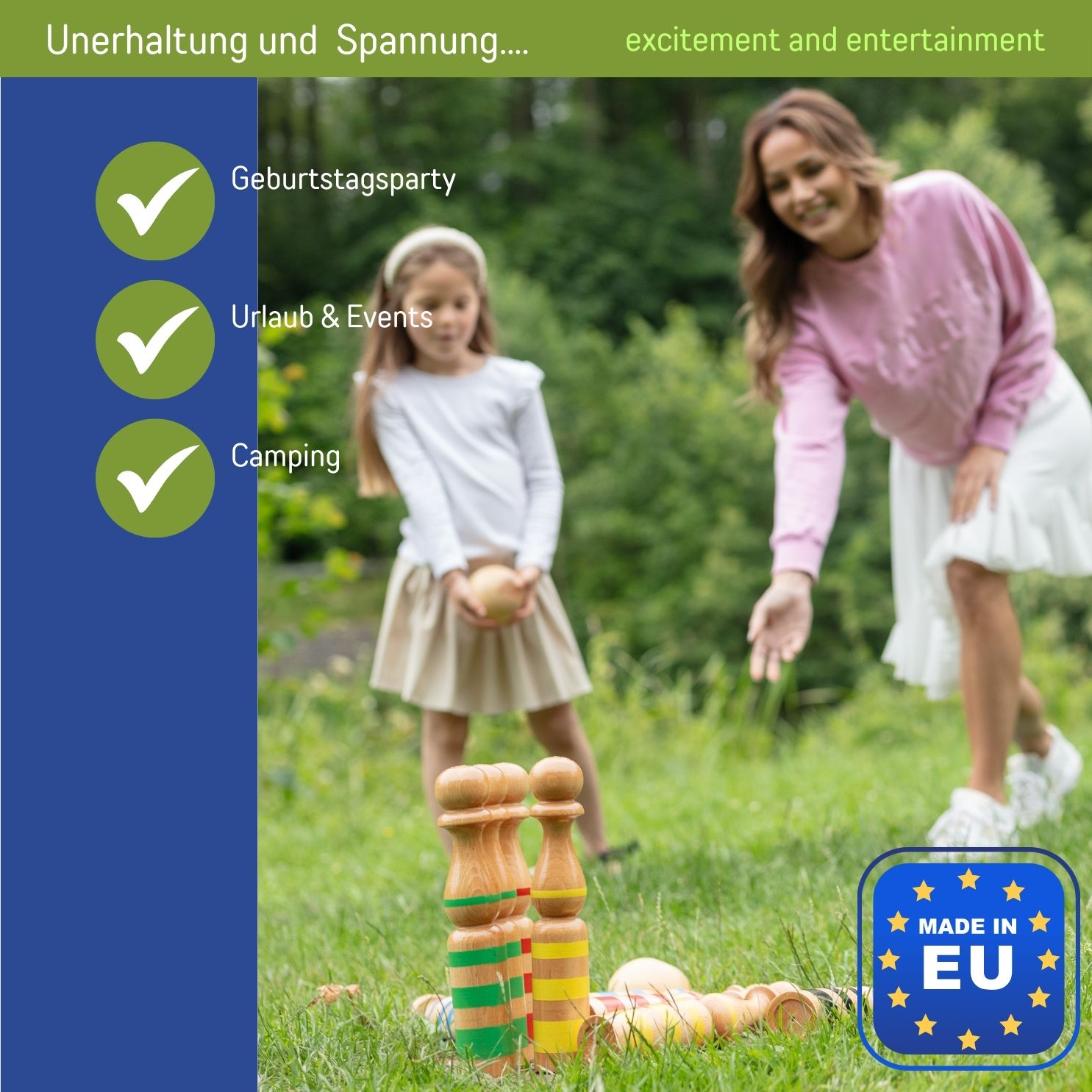 GICO Kegelspiel Kegel Set Bowling aus Holz für Kinder und Erwachsene – Der In- & Outdoor Spielspaß mit Qualitätsware aus Massivholz -Made in EU-Höhe 30 cm–3019