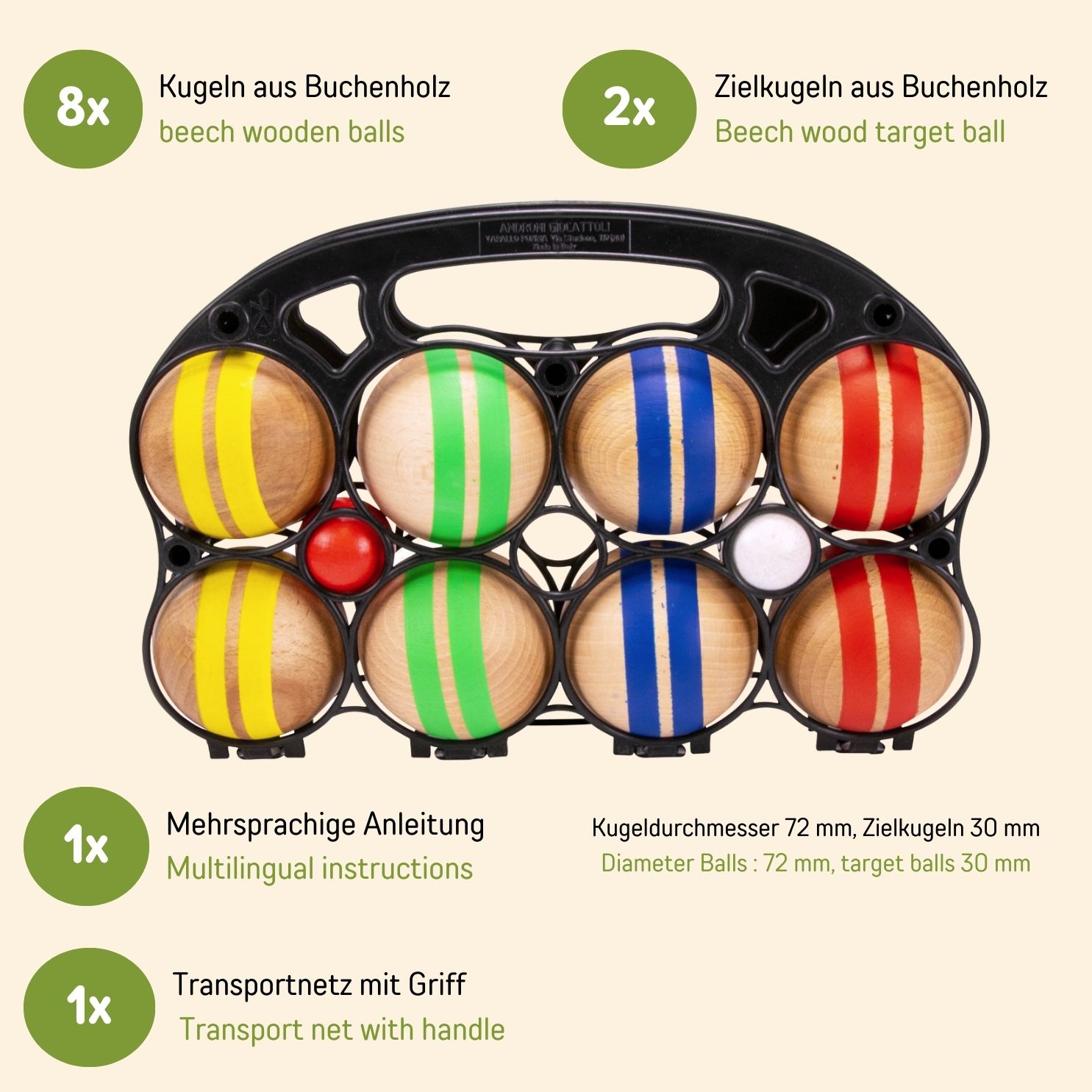 Boccia Spiel aus Massivholz, gestreift mit 8 Kugeln, Durchmesser 7 cm. Made in EU - 3015