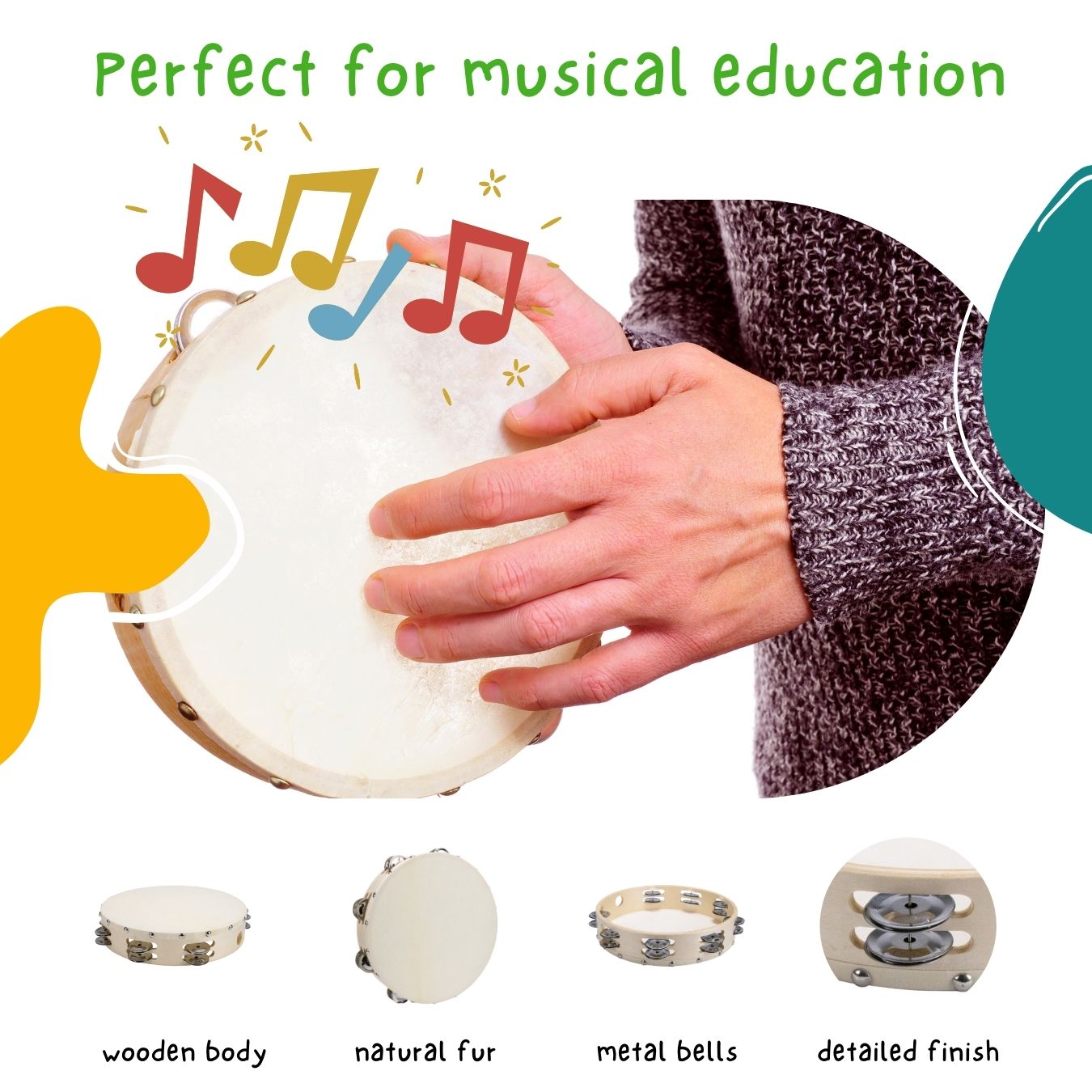 Tamburin Handtrommel Musikinstrument für Kinder D: 25 cm aus Holz mit 16 Schellen - 3834