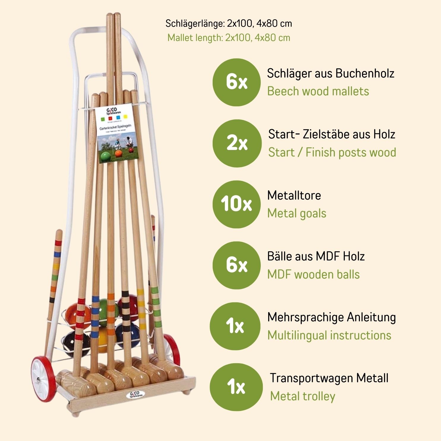 GICO Krocket Set Family 6 Spieler Transportwagen 80&100 cm Schlägerlänge - Qualitätsware made in EU 3136
