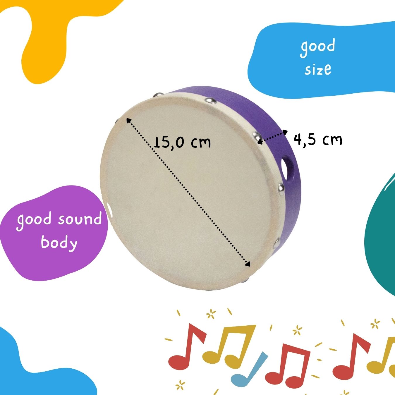 Tamburin Handtrommel Musikinstrument für Kinder D: 15 cm aus Holz - 3835