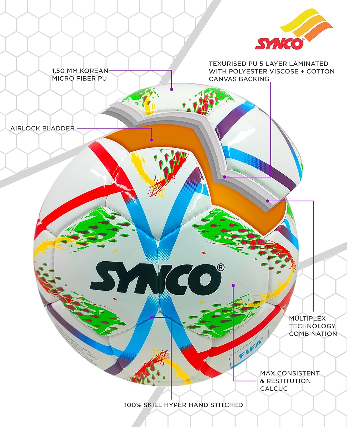 Synco Fußball Gr 5 – Handgenäht  Hydra-LockTech, FIFA Basic zert.1001