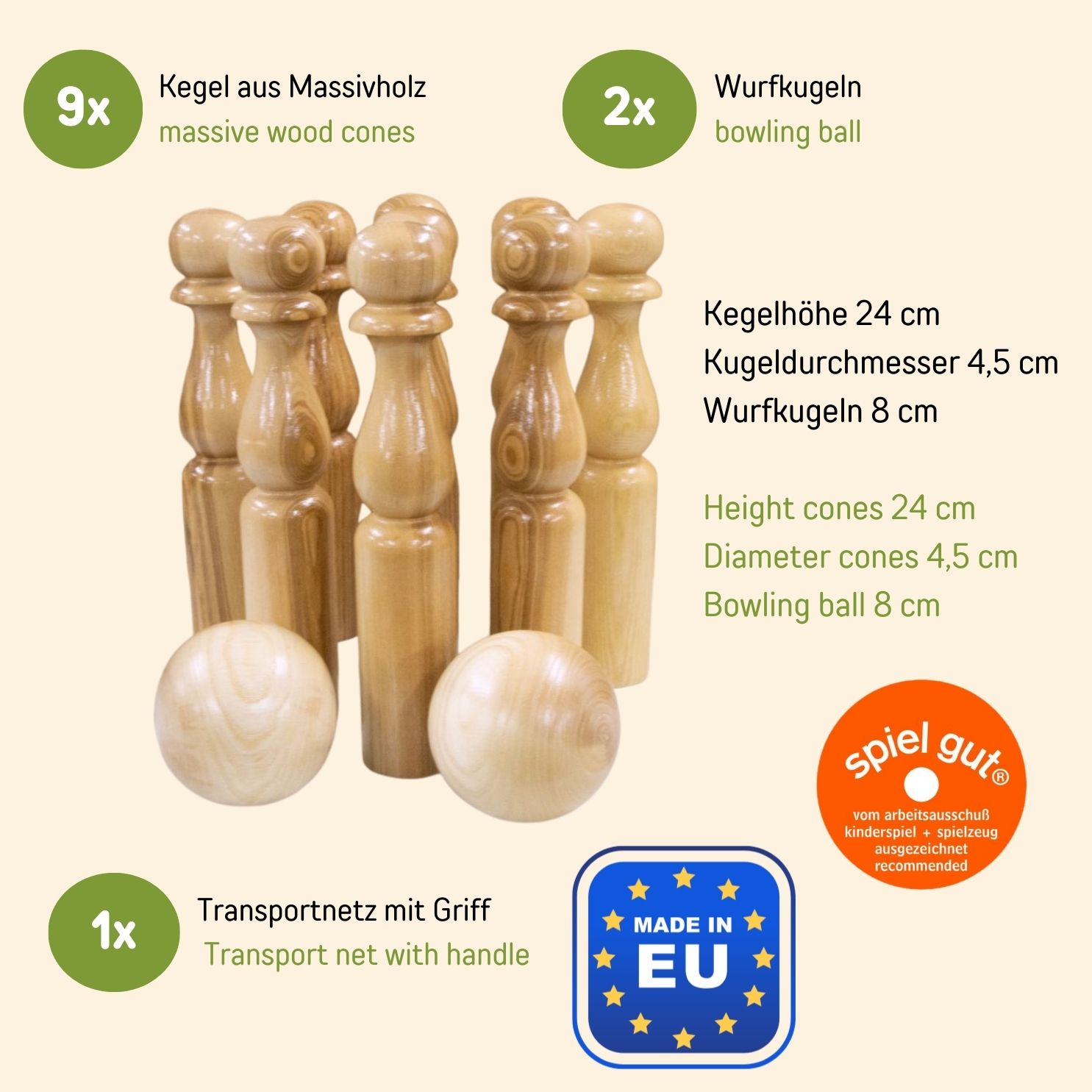 GICO Kegelspiel Kegel Set Bowling aus Holz aus Massivholz -Made in EU-Höhe 24 cm–3018