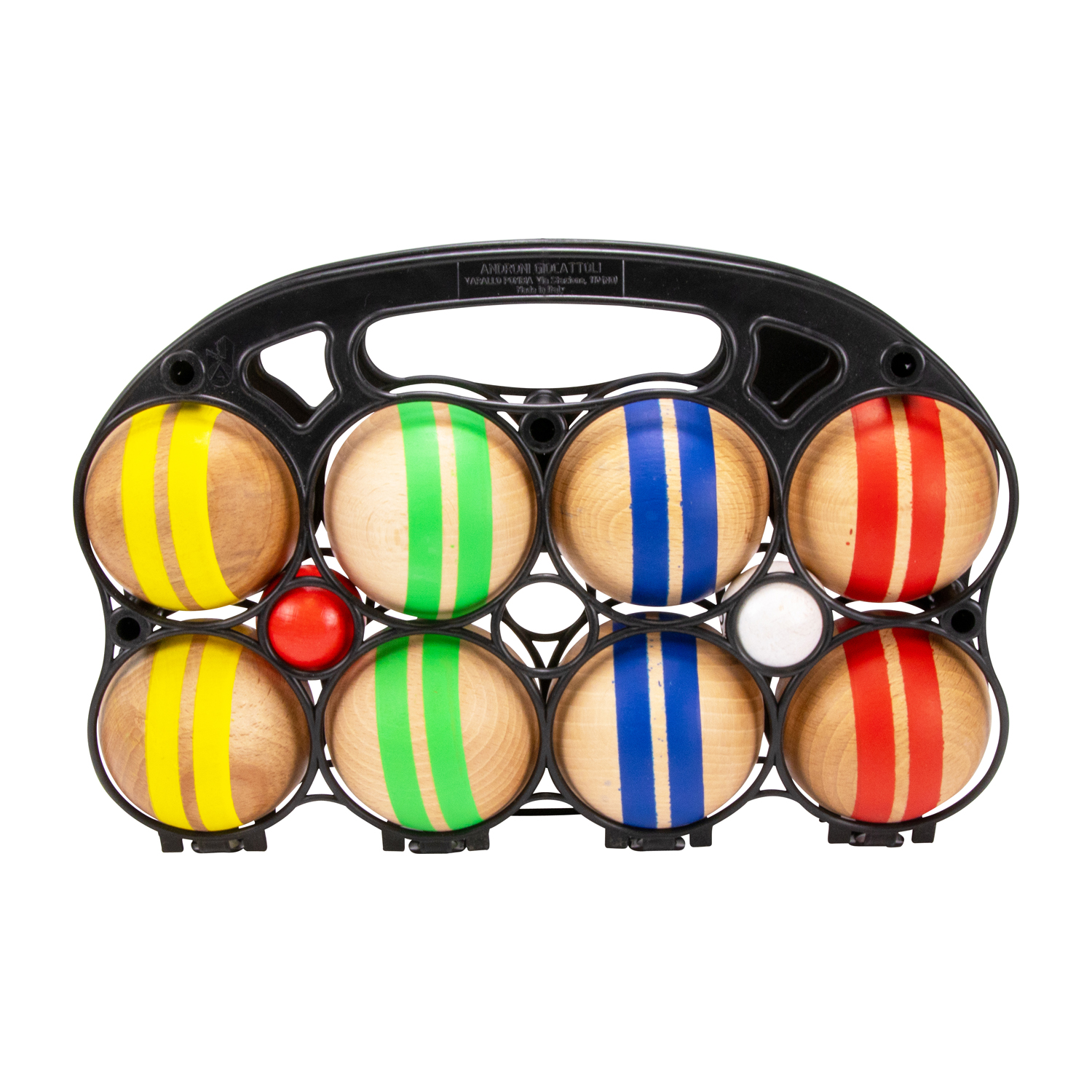 Boccia Spiel aus Massivholz, gestreift mit 8 Kugeln, Durchmesser 7 cm. Made in EU - 3015
