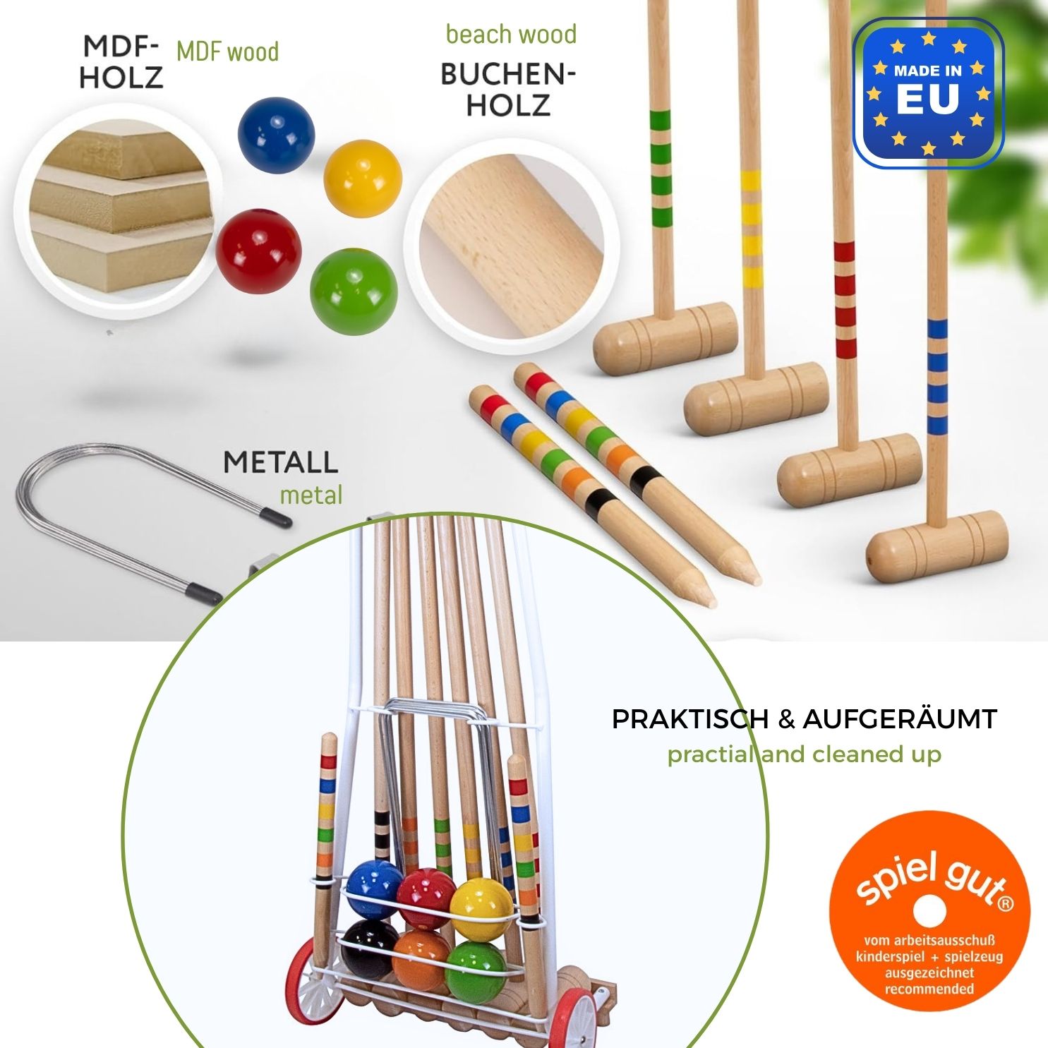 GICO Krocket Set Family 6 Spieler Transportwagen 80&100 cm Schlägerlänge - Qualitätsware made in EU 3136