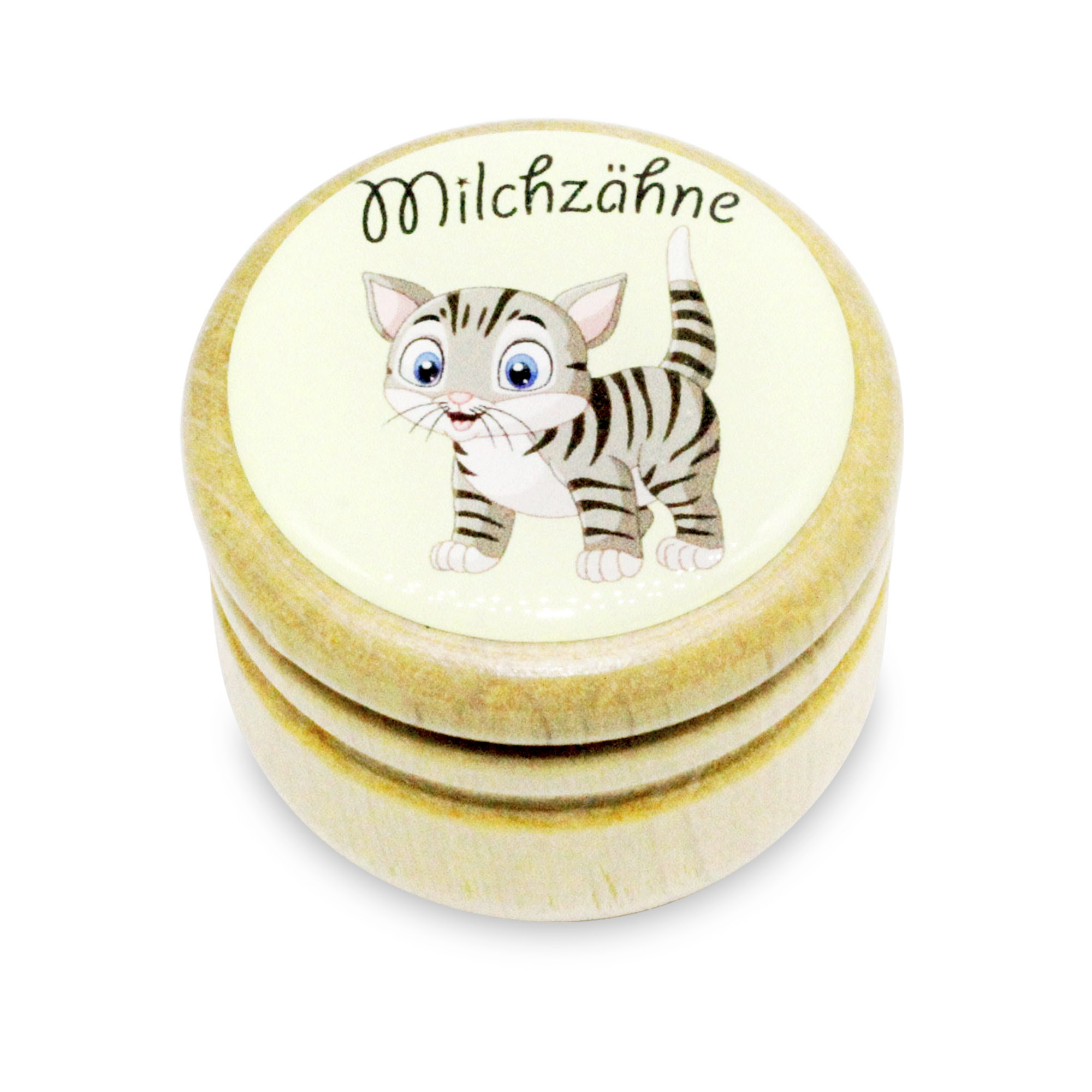 Milchzahndose Katze Zahndose Milchzähne Bilderdose aus Holz mit Drehverschluss 44 mm ( Katze )- 7019k