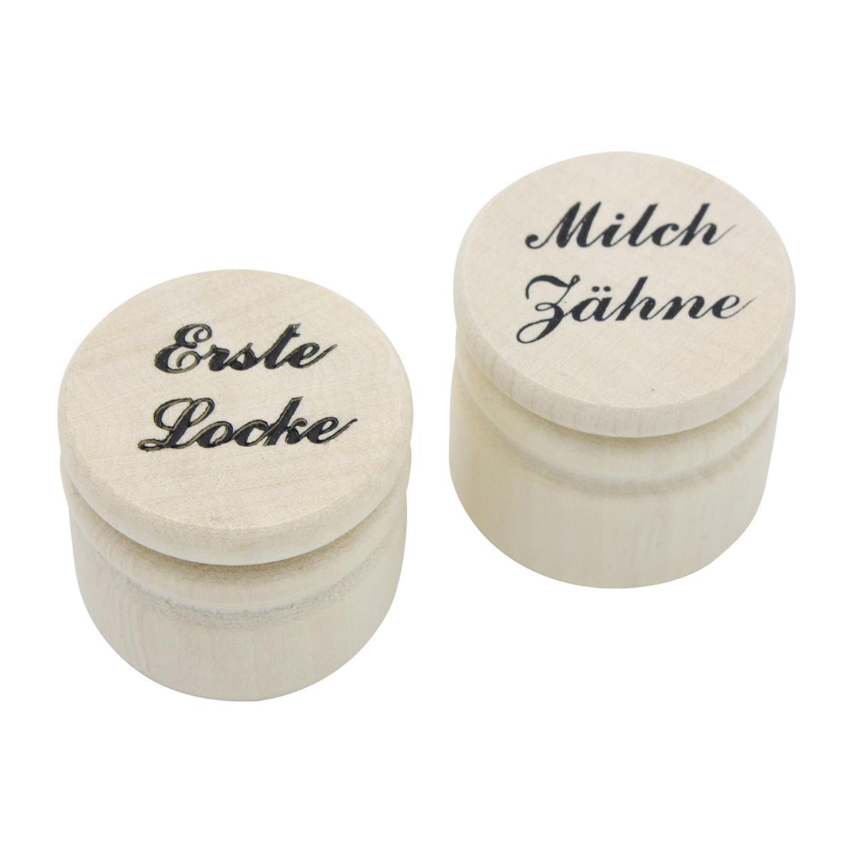 Milchzähne und Erste Locke aus Holz Dosen Set  Ø 3,5 cm (klein)