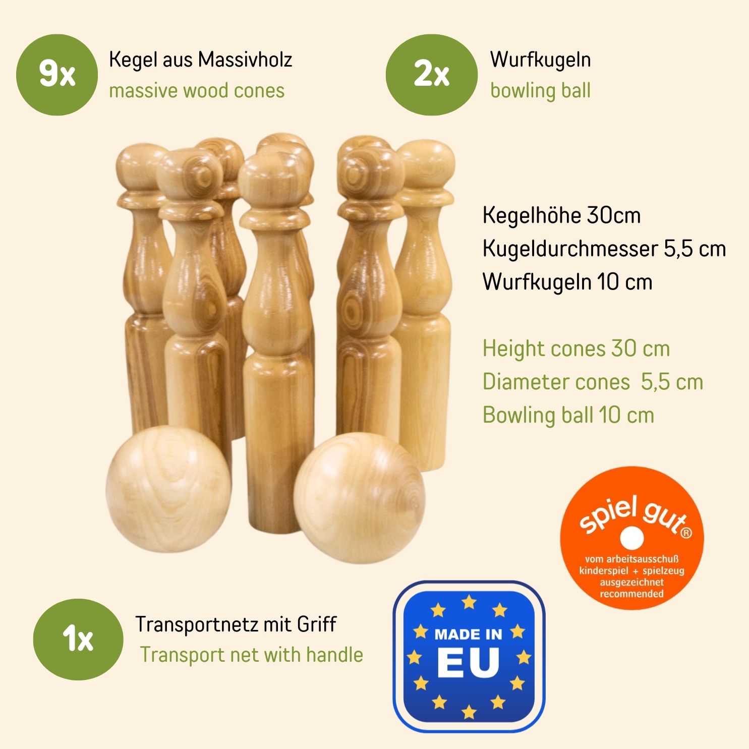 GICO Kegelspiel Kegel Set Bowling aus Holz für Kinder und Erwachsene – Der In- & Outdoor Spielspaß mit Qualitätsware aus Massivholz -Made in EU-Höhe 30 cm–3019