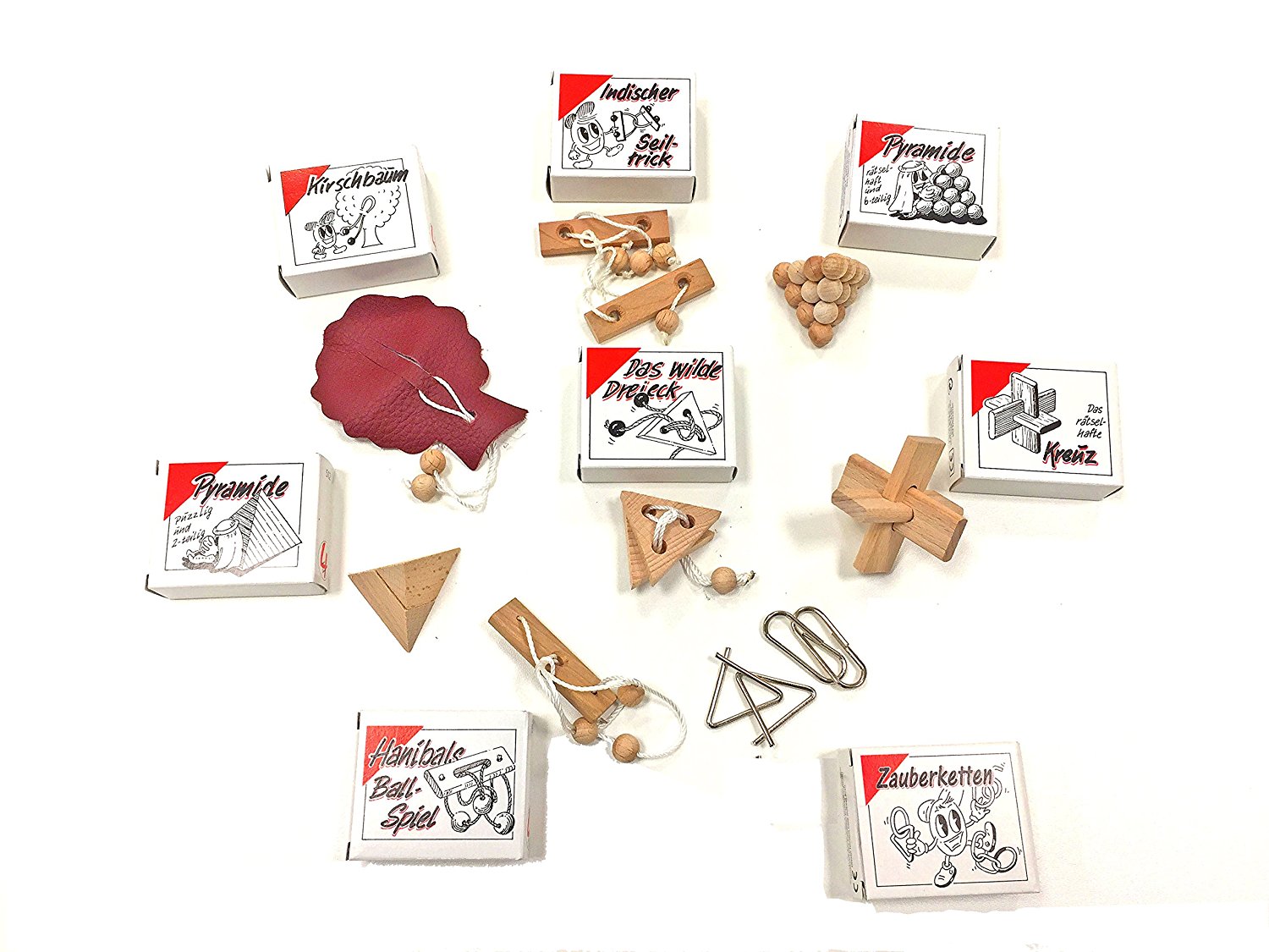 8 beliebte Knobelspiel Klassiker - Geduldspiele im Set - einzeln verpackt mit Lösungsheft - als Geschenk oder für den Adventskalender lose - 2185