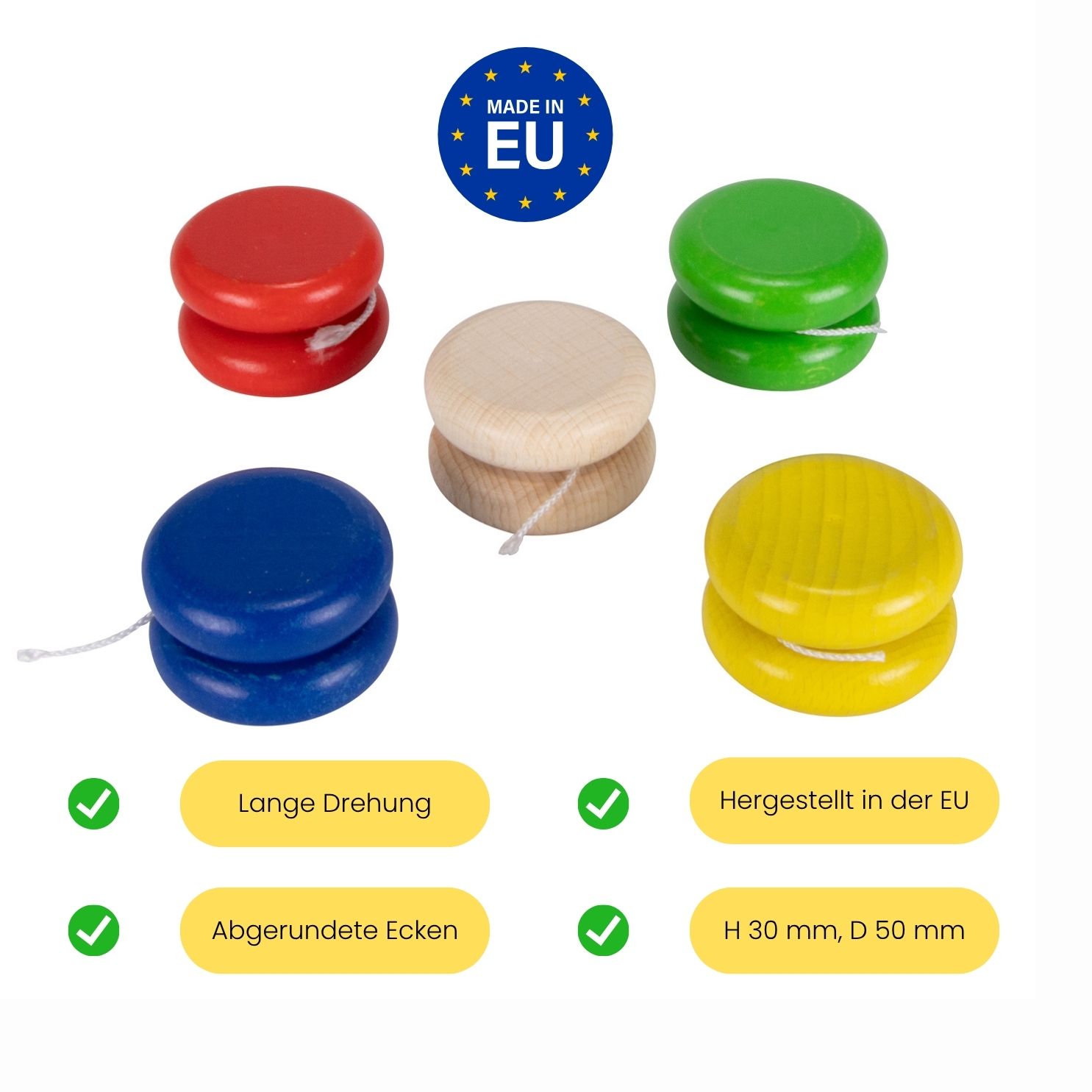 5 Holz Jojos bunt mit guter Laufleistung – Made in EU - 6470
