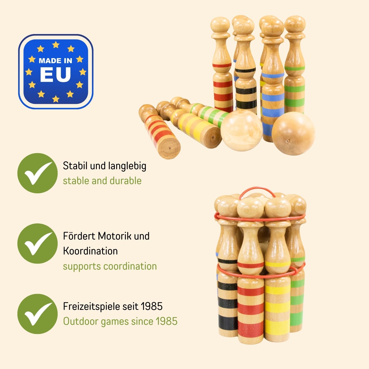 Kegelspiel Kegel Set Bowling 24 cm aus Holz groß für Kinder und Erwachsene - Massivholz 24 cm, gestreift - 3025