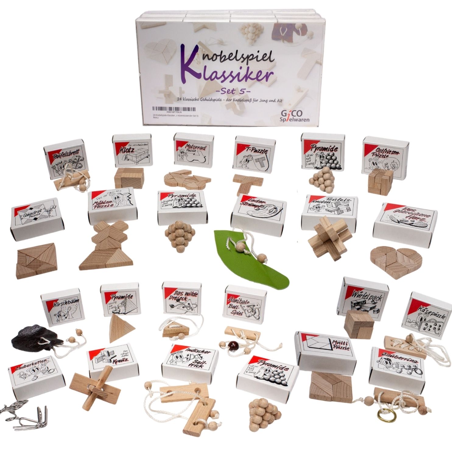 GICO Knobelspiel Klassiker Set 5 - 24 Geduldspiele für den Adventskalender in Geschenkverpackung - 2184