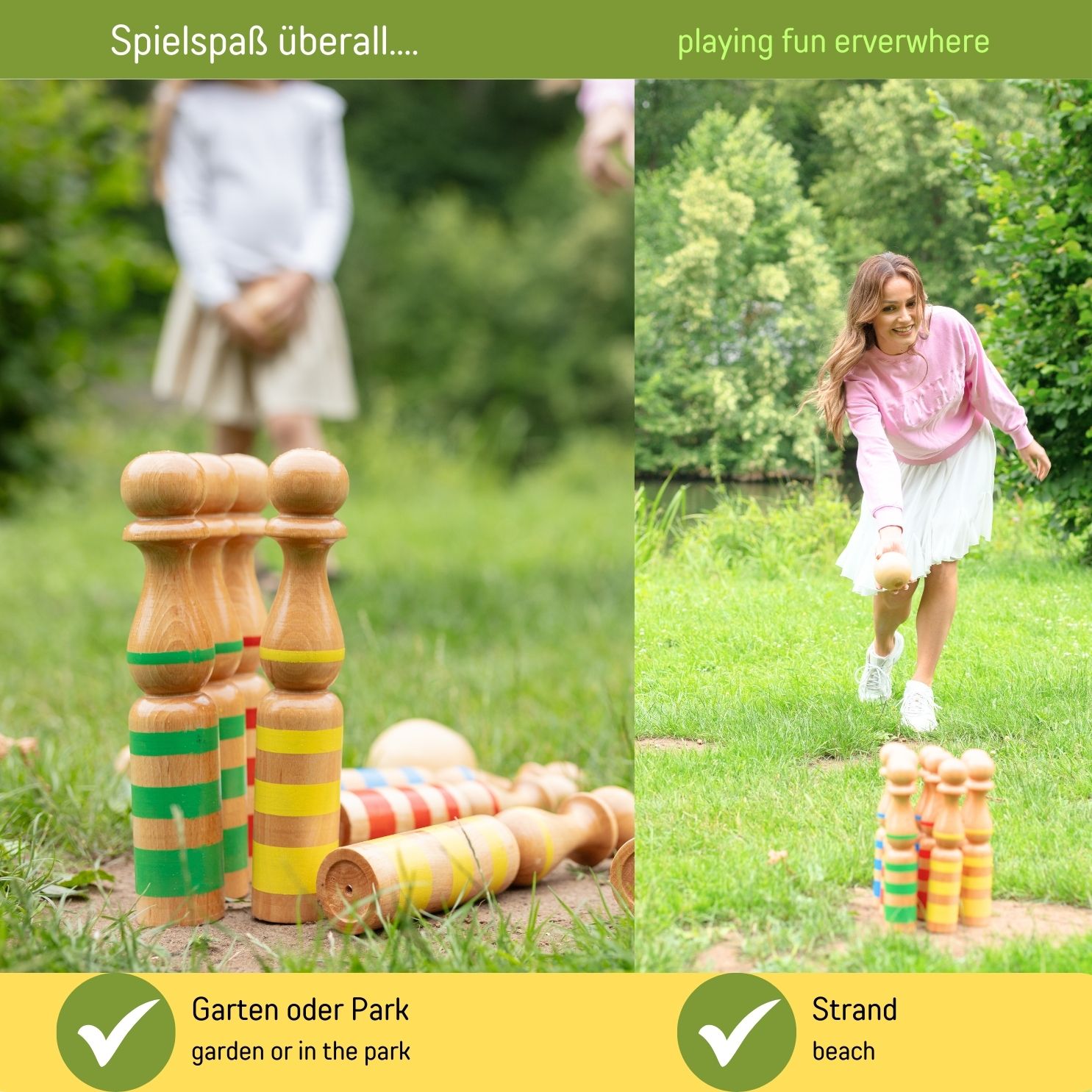 Kegelspiel Kegel Set Bowling 30 cm aus Holz groß für Kinder und Erwachsene - Massivholz 30 cm, gestreift - 3026