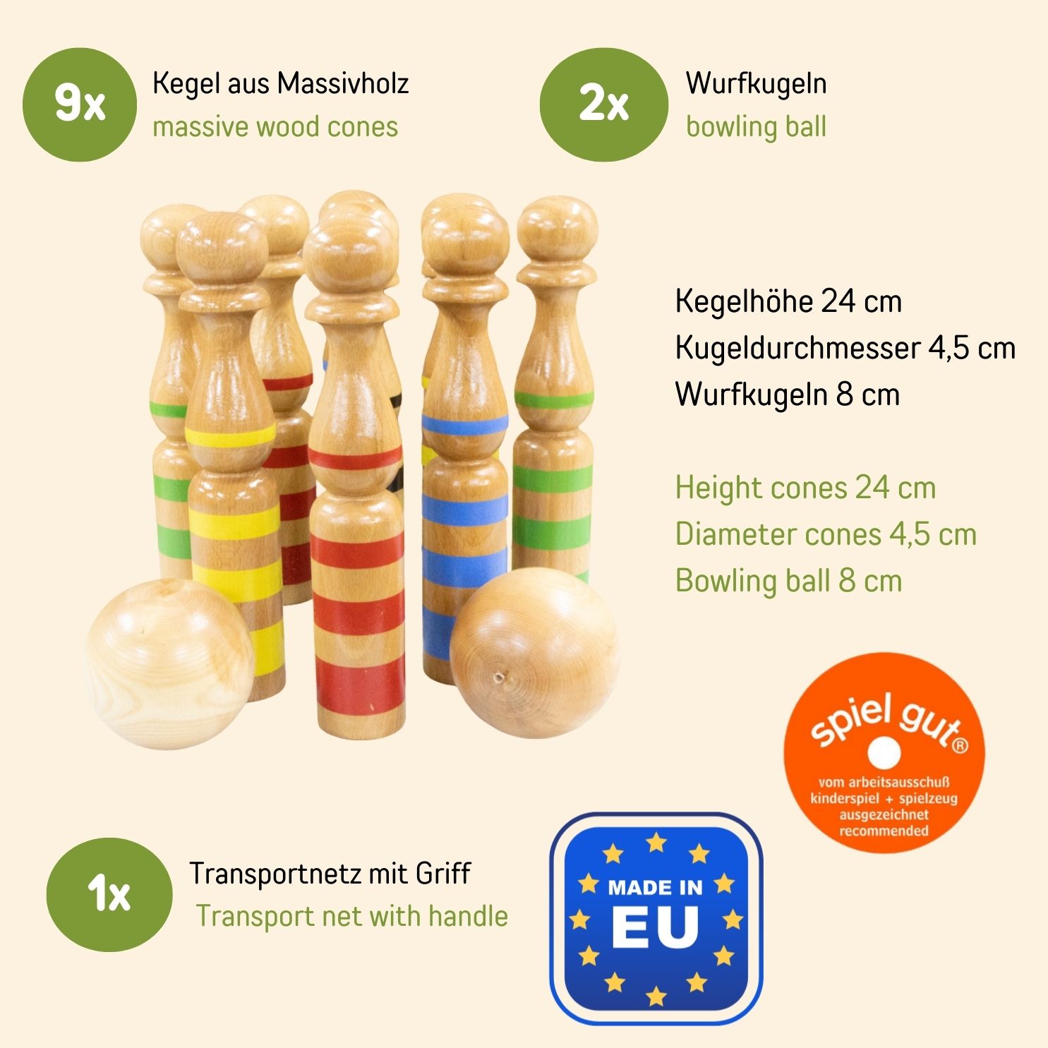 Kegelspiel Kegel Set Bowling 24 cm aus Holz groß für Kinder und Erwachsene - Massivholz 24 cm, gestreift - 3025