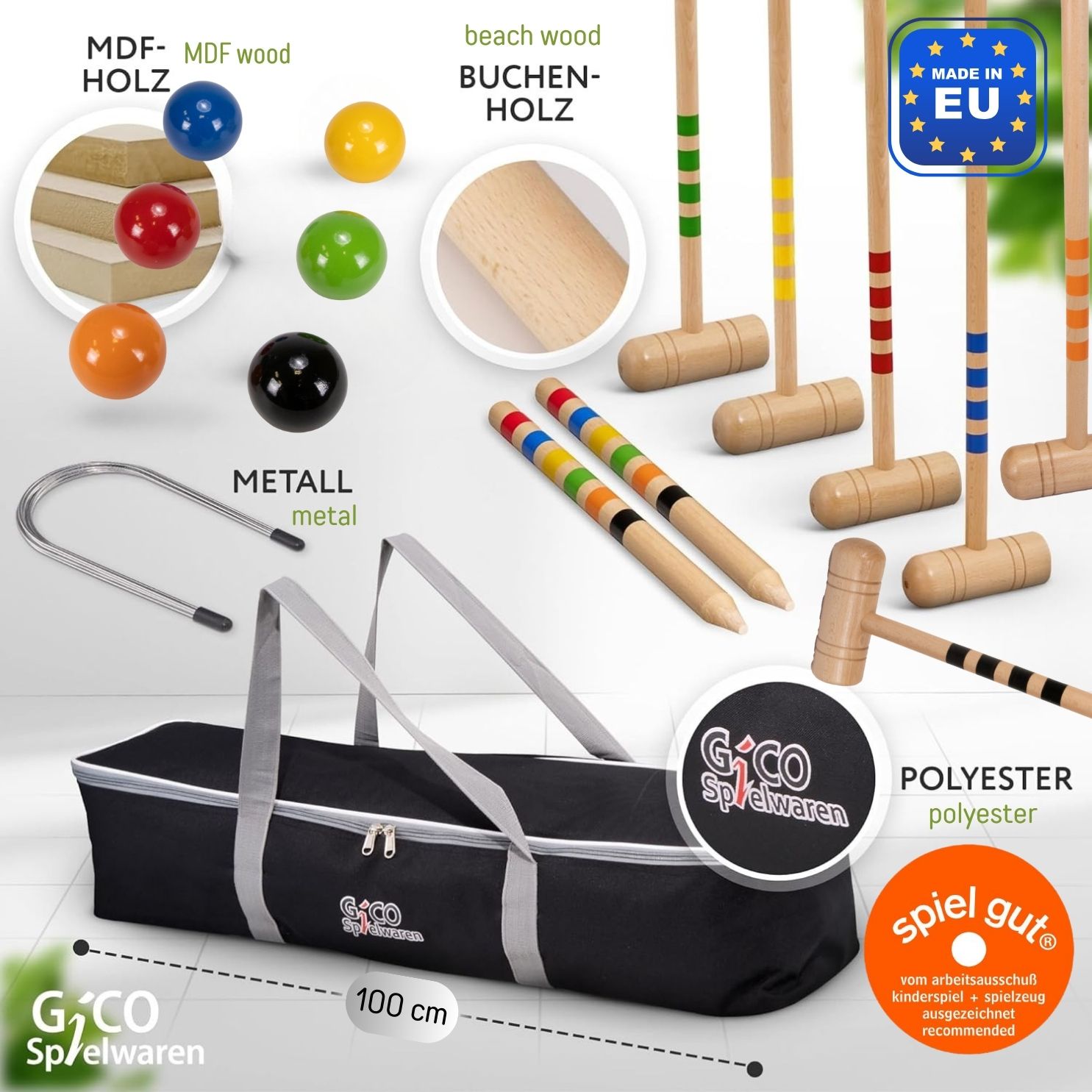 GICO Krocket Set Family 6 Spieler,  2x100cm,4x80 cm in Transporttasche -3236