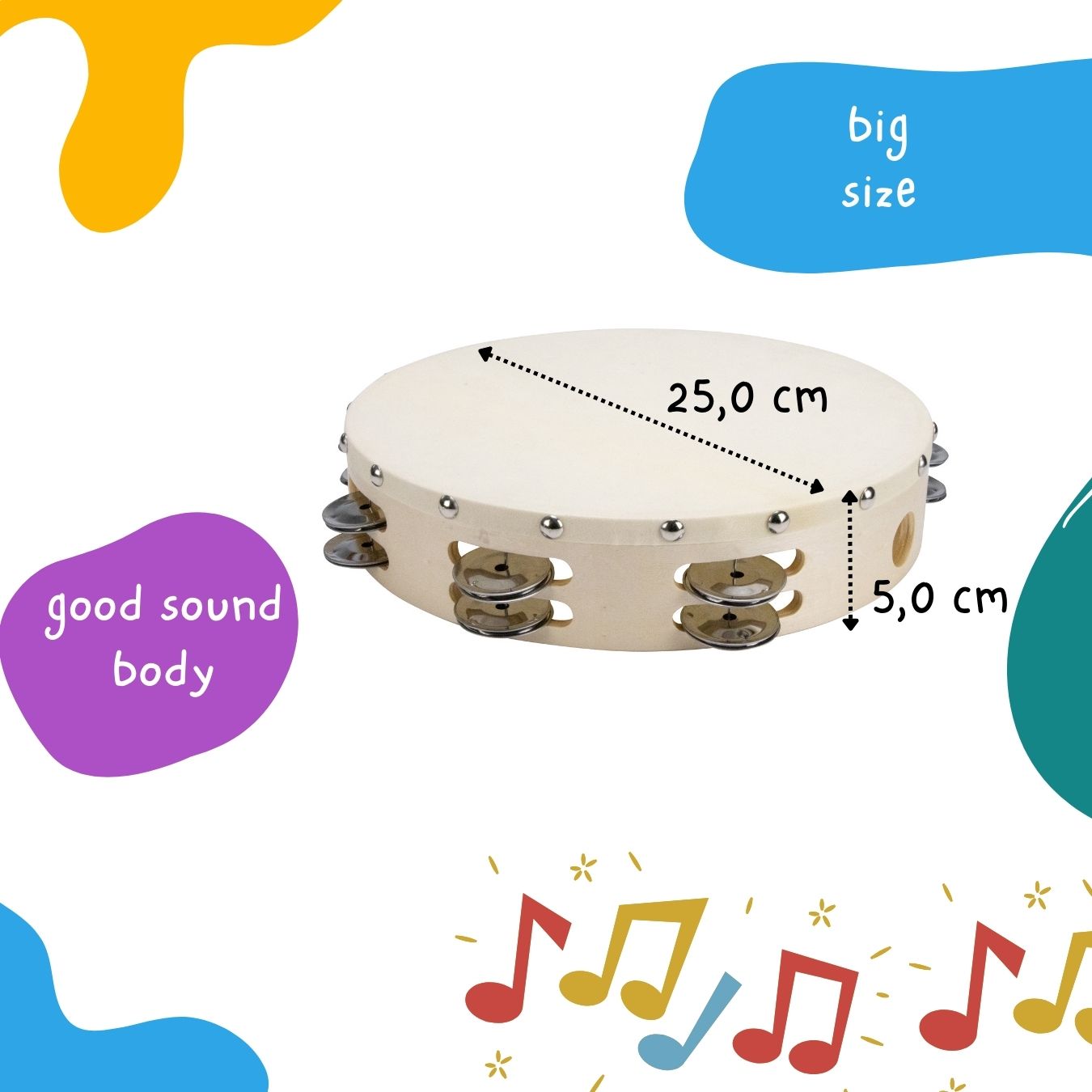 Tamburin Handtrommel Musikinstrument für Kinder D: 25 cm aus Holz mit 16 Schellen - 3834