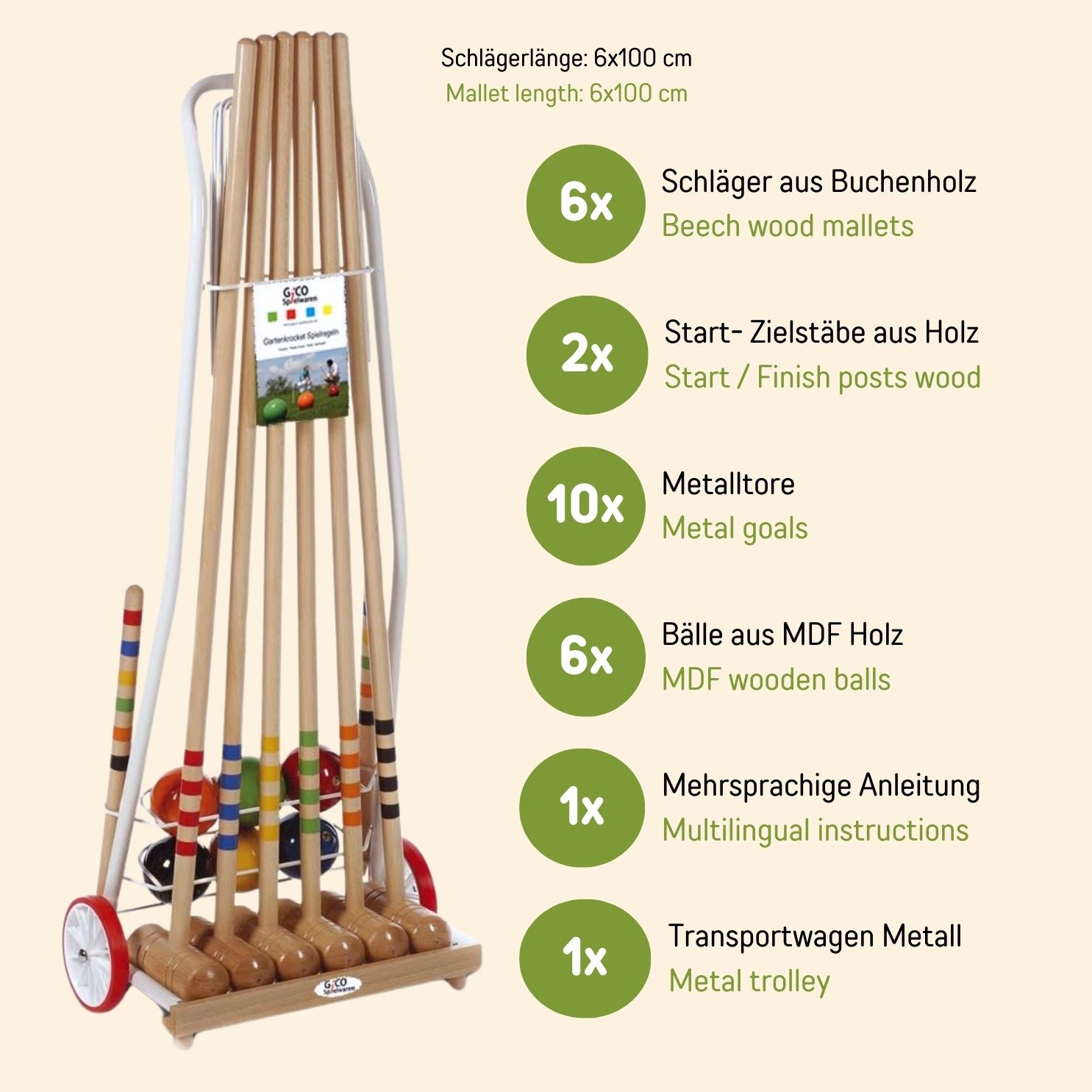 GICO Krocket Set Adult 6 Spieler Transportwagen (Erwachsene Länge 100cm) - Qualitätsware made in EU 3126