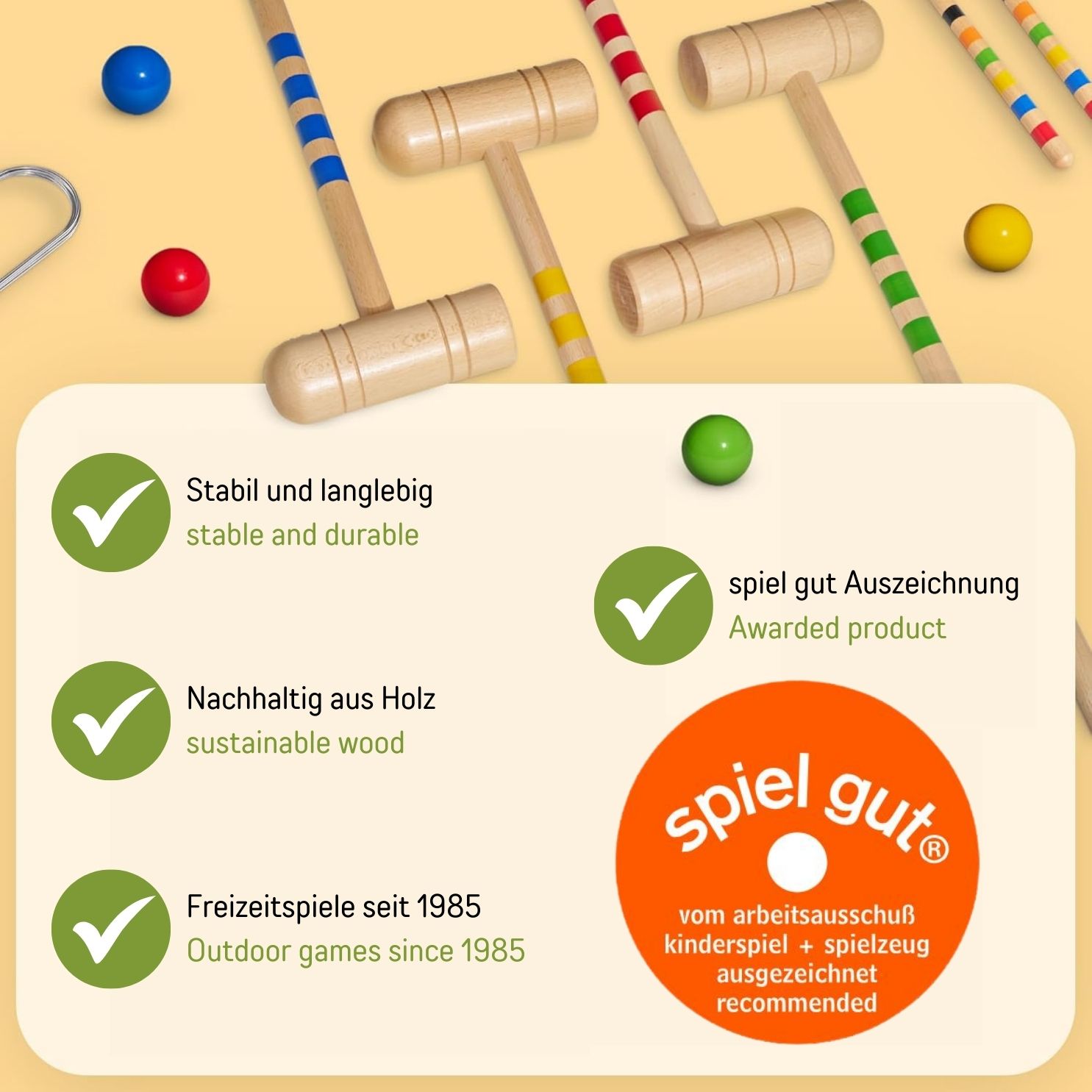 GICO Krocket Set Family 6 Spieler Transportwagen 80&100 cm Schlägerlänge - Qualitätsware made in EU 3136