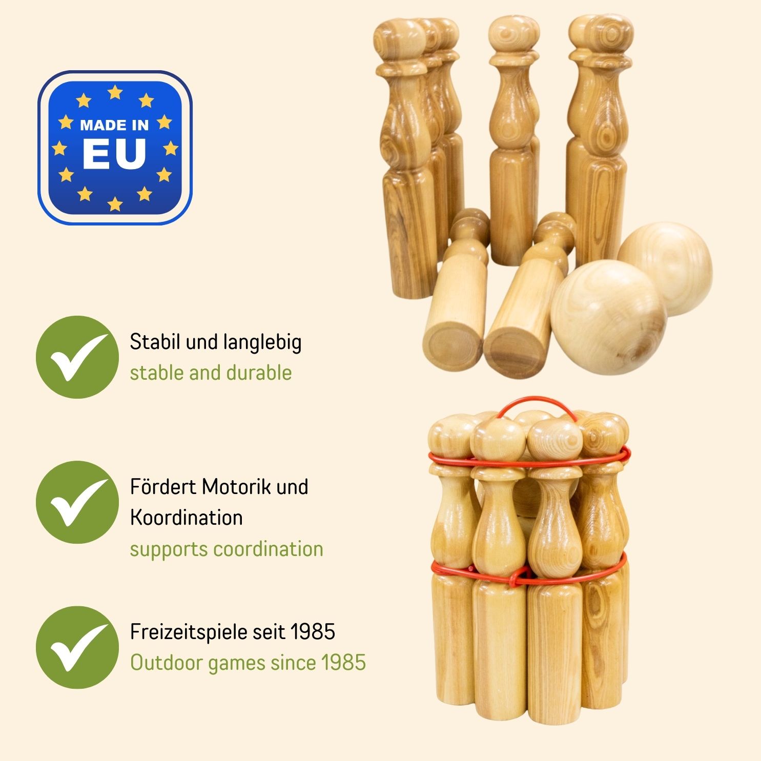 GICO Kegelspiel Kegel Set Bowling aus Holz aus Massivholz -Made in EU-Höhe 24 cm–3018