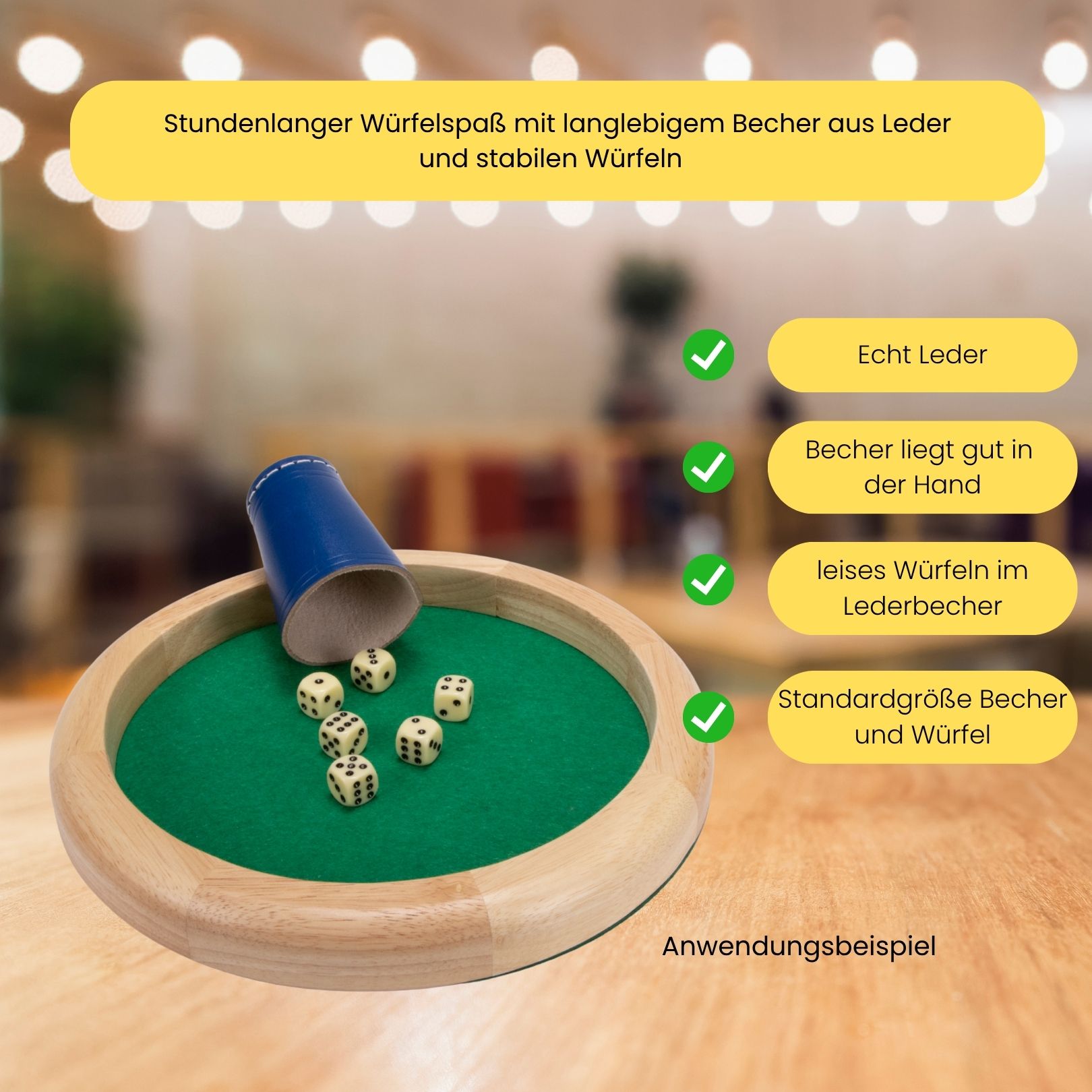 Würfelbecher blau (echt Leder) Standard (9 cm) mit 6 Würfeln 5904