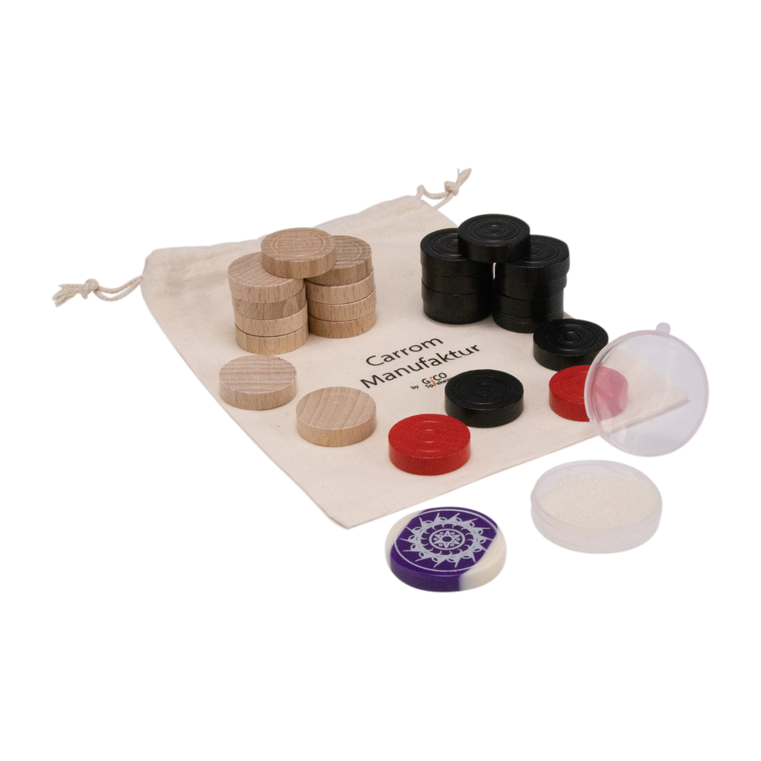 Carrom Steine Komplettsatz von Carrom Manufaktur, Set Turnier Extra Class mit Steinen und Striker - 2104