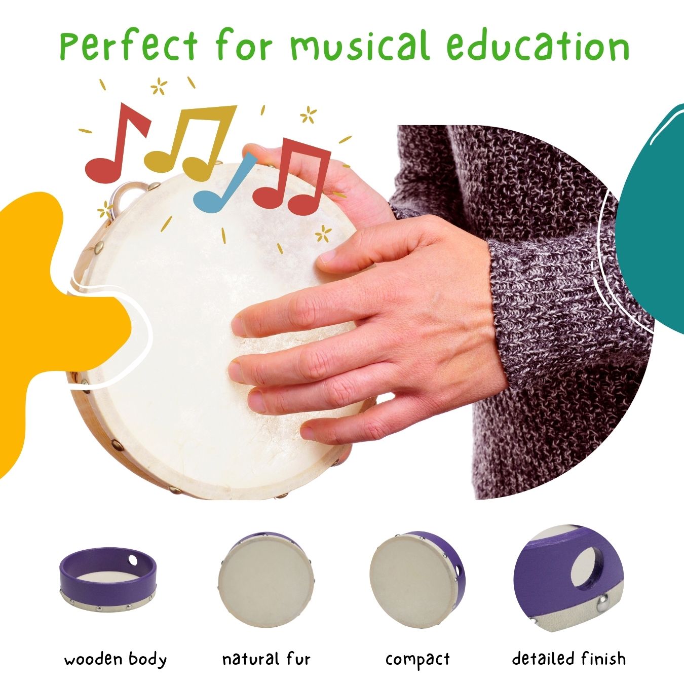 Tamburin Handtrommel Musikinstrument für Kinder D: 15 cm aus Holz - 3835