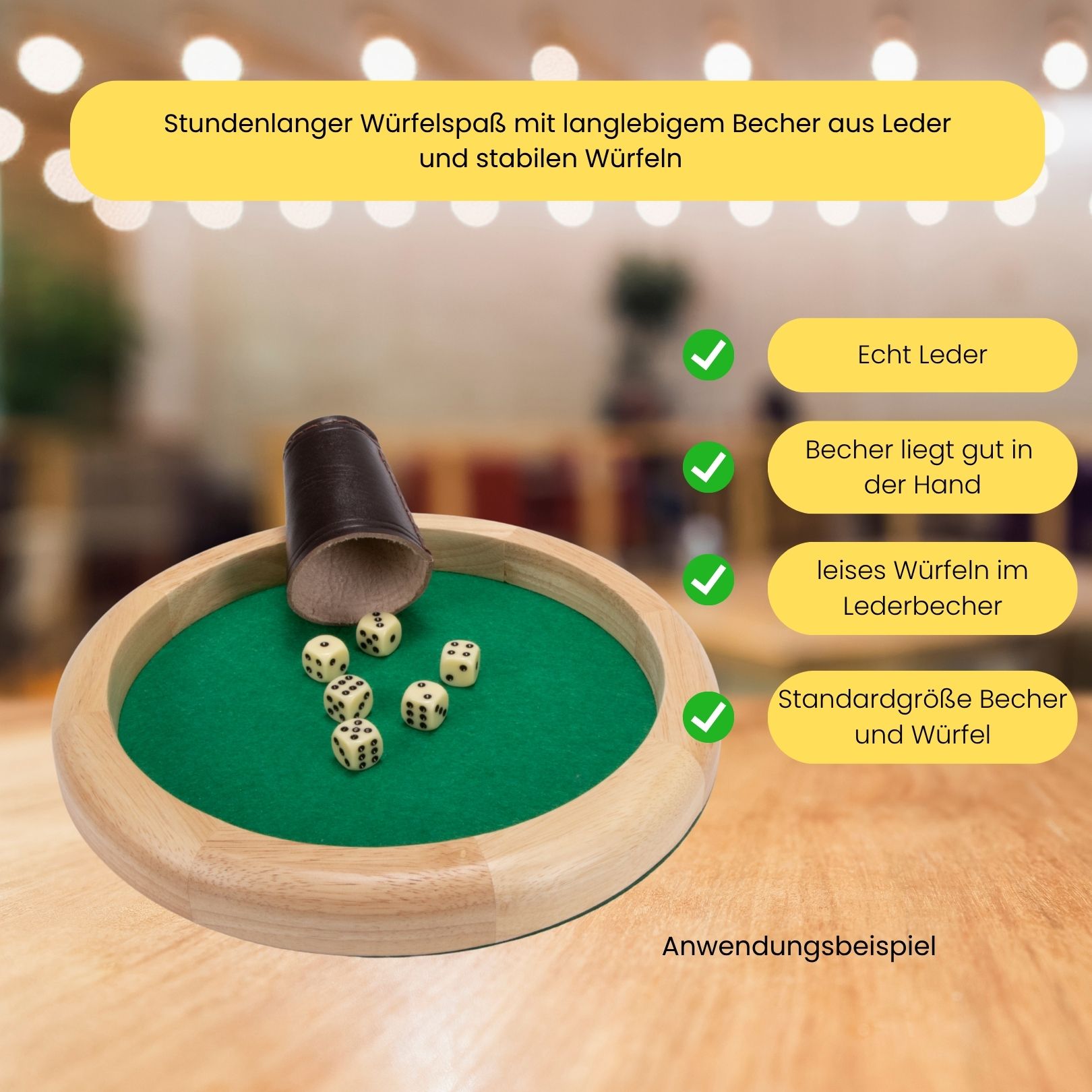 Würfelbecher braun (echt Leder) Standard (9 cm) mit 6 Würfeln 5905