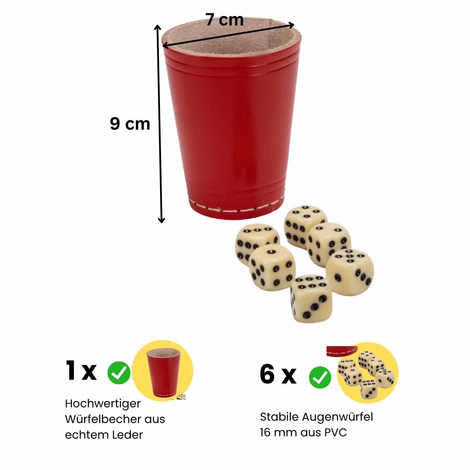 Würfelbecher rot (echt Leder) Standard (9 cm) mit 6 Würfeln 5903