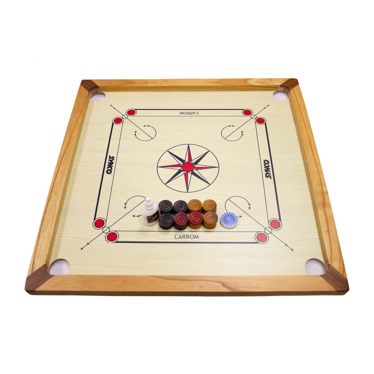 Carrom Board Spiel Synco 66x66cm  mit komplettem Zubehör und Gleitpulver - 2966