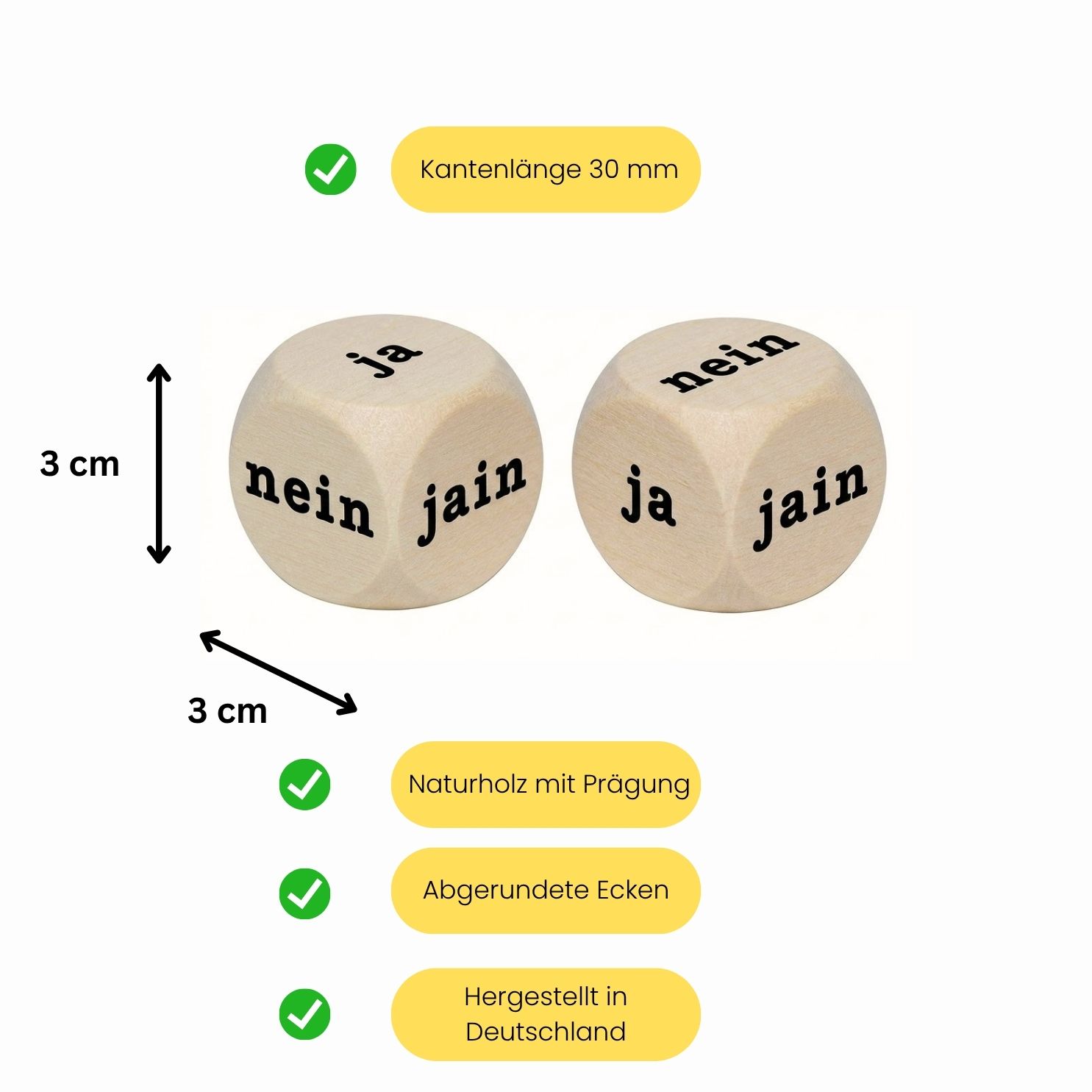 Ja Nein Jain Holzwürfel Natur 30 mm – Entscheidungswürfel aus Holz 1 Stück  - 4134